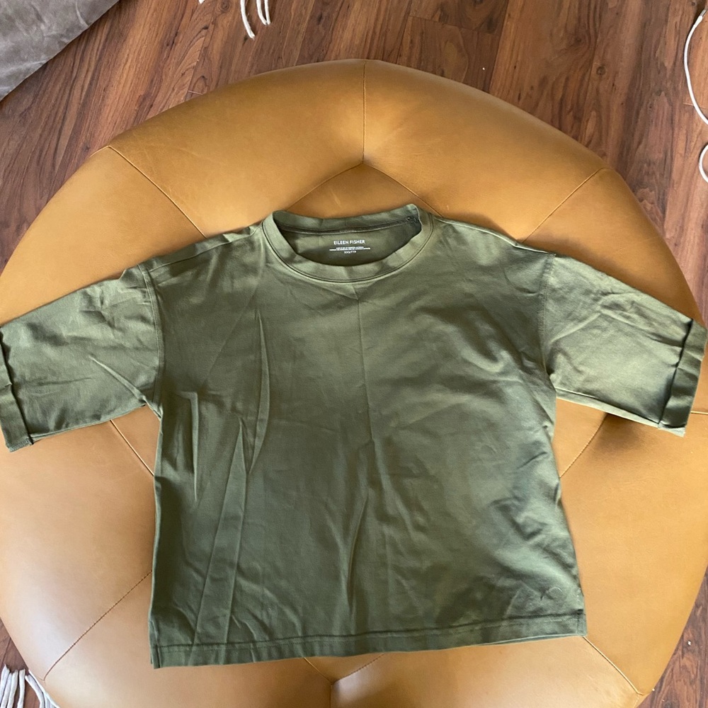 Eileen Fisher Basic Cuffed Crew Cotton Tee Shirt Top Olive Green Size XXS